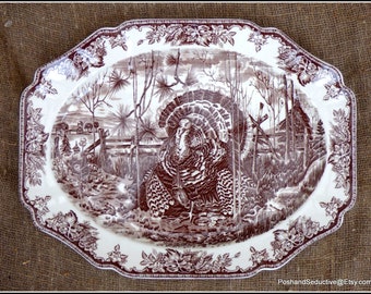 Christmas HIS MAJESTY 20"x16" turkey serving platter Thanksgiving table Williams Sonoma  genuine hand engraving brown English transferware