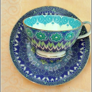 Blue turquoise mandala cup & saucer intricate geometrical Oriental pattern afternoon tea English bone china perfect coffee lover chic gift
