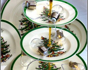 クリスマスツリー、3段の目盛り付きプレート、手作りケーキスタンド