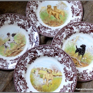 Spode Woodland series Christmas dinner plates set of four HUNTING DOGS brown transferware pattern: black & yellow Labrador, Spaniel, Pointer