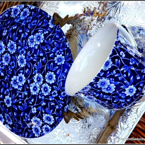 Tea coffee cup saucer vintage Blue Calico Burleign cobalt blue floral pattern, quality Staffordshire English ironstone standard size duo set