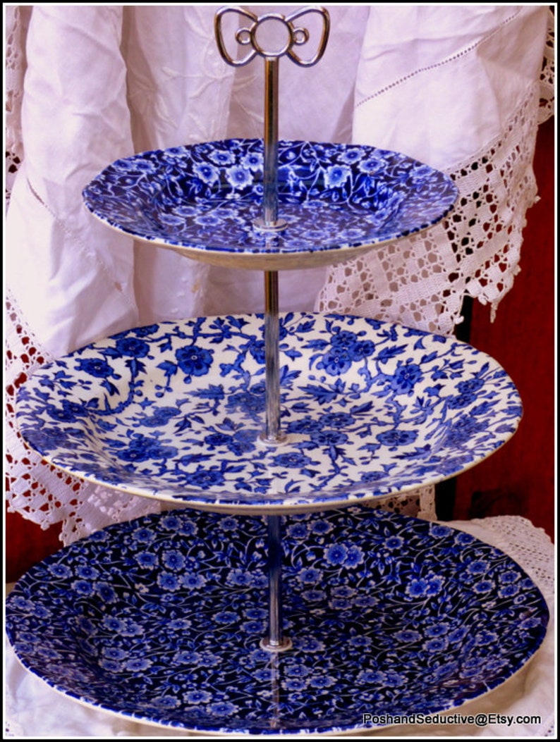 Burleigh china graduated plates of Blue Calico stunning pattern cake stand an exquisite Victorian afternoon tea centrepiece, precious gift image 7