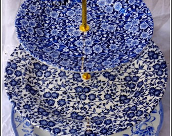 Blue and white vintage English high quality ironstone floral pattern exquisite three tier handmade cake stand matching various blue shades