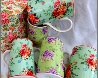 Royal Albert set van vijf porseleinen mokken, kopjes, bloemenroze chintz Bronte Collection, vintage afternoon tea chic, turquoise, groene theeservies