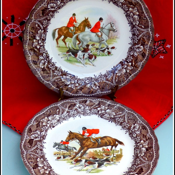 Vintage fox hunting china dinner plates pair 11" brown transferware alpine white English ironstone Barrats of Staffordshire equestrian decor