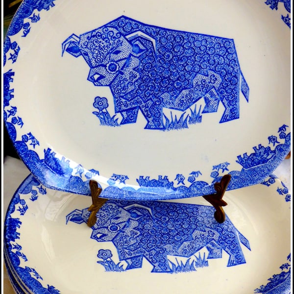 Steak & Grill Beefeater Englisches Eisenstein Geschirr Paar rechteckige Teller, Vintage blau Transferware Esstisch Dekor Stiermuster