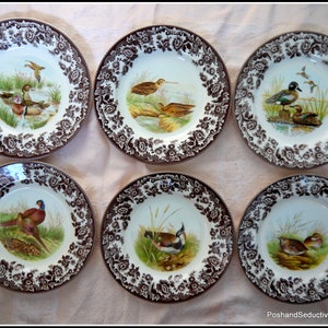 May include: Set of six brown and white ceramic dinner plates with a floral border and a different bird illustration on each plate.