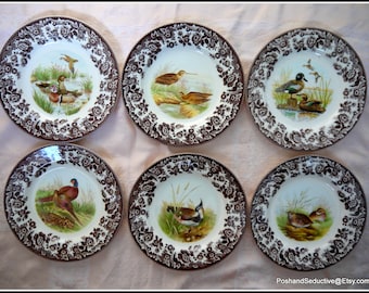 May include: Set of six brown and white ceramic dinner plates with a floral border and a different bird illustration on each plate.