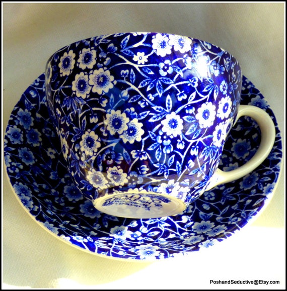 Tea Coffee Cup Saucer Vintage Blue Calico Burleign Cobalt Blue