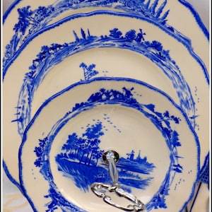 Tiered flow blue hand made cake stand Royal Doulton vintage unique D6294 rare Norfolk English countryside pattern, Delft blue farmhouse