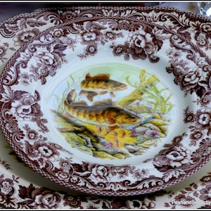 May include: A ceramic dinner plate featuring a brown and white floral transferware border pattern. The center of the plate displays a detailed, colorful illustration of two fish swimming among aquatic plants and rocks in a riverbed setting.