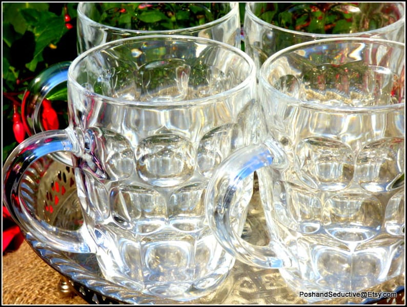 Vintage beer glasses set of 6 with handles, heavy solid glass 0.5L steins unique best man's gift, batchelor party striking collectible decor image 7