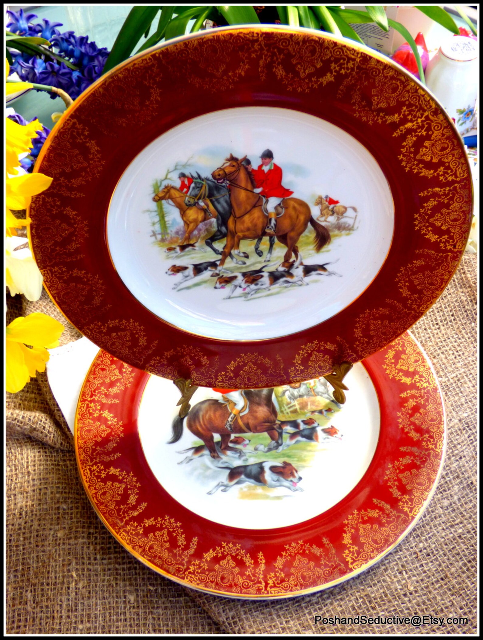 Two Vintage Fine China Dinner Plates Wall Hanging Fox Hunting Etsy UK