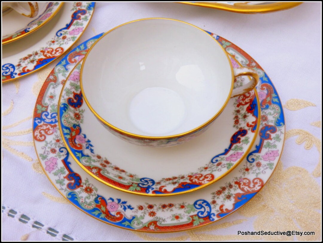 Tea Cup, Saucer, Cake Plate Set Antique Limoges Bone China Trio by W