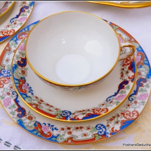 Tea cup, saucer, cake plate set antique Limoges bone china trio by W GUERIN & Co, rare floral pattern quality French Art Deco porcelain