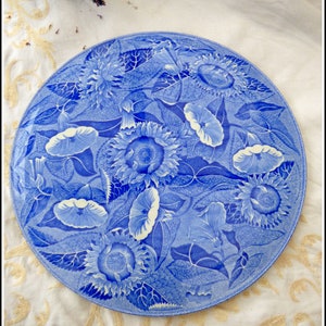 May include: A blue and white ceramic plate with a floral design featuring sunflowers and morning glories. The plate has a raised rim and a smooth, glazed surface.