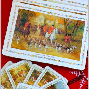 Fox hunting set of cork backed dining table place mats and barware coasters  acrylic&cork equestrian theme decor English countryside scenes