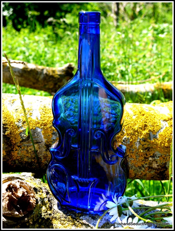 コバルトブルーガラス 12インチ 大型 ビンテージボトル バイオリン型