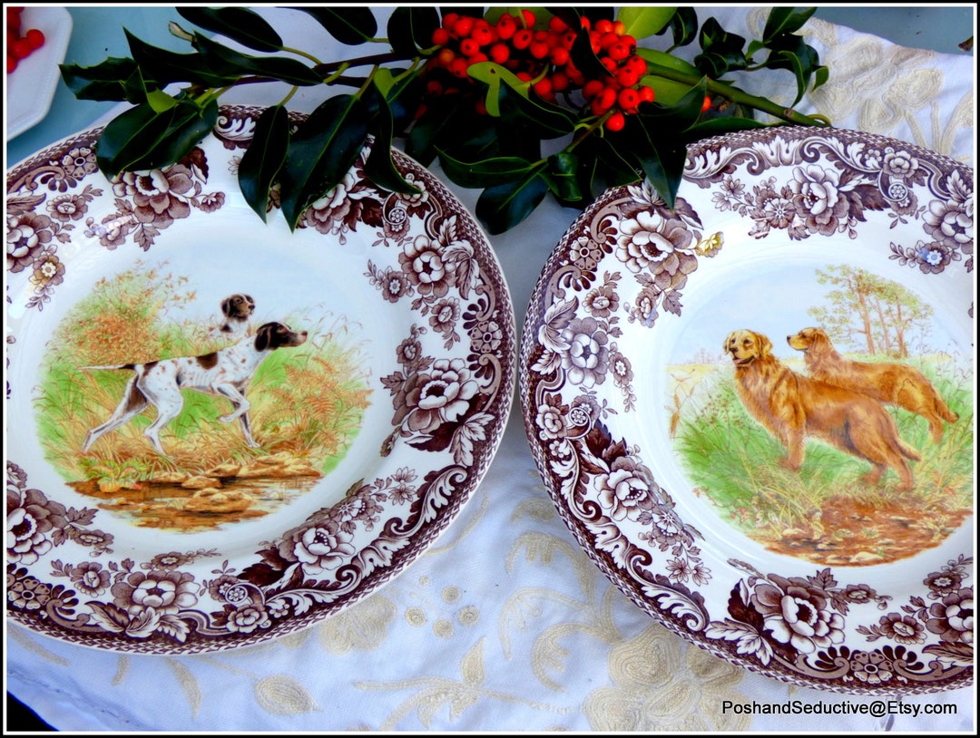 Spode Woodland Series Dinner Plates Pair HUNTING DOGS Brown