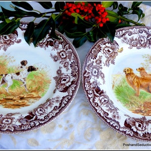 Spode Woodland series dinner plates pair HUNTING DOGS brown transferware pattern display cabinet china feminine iconic floral border wreath