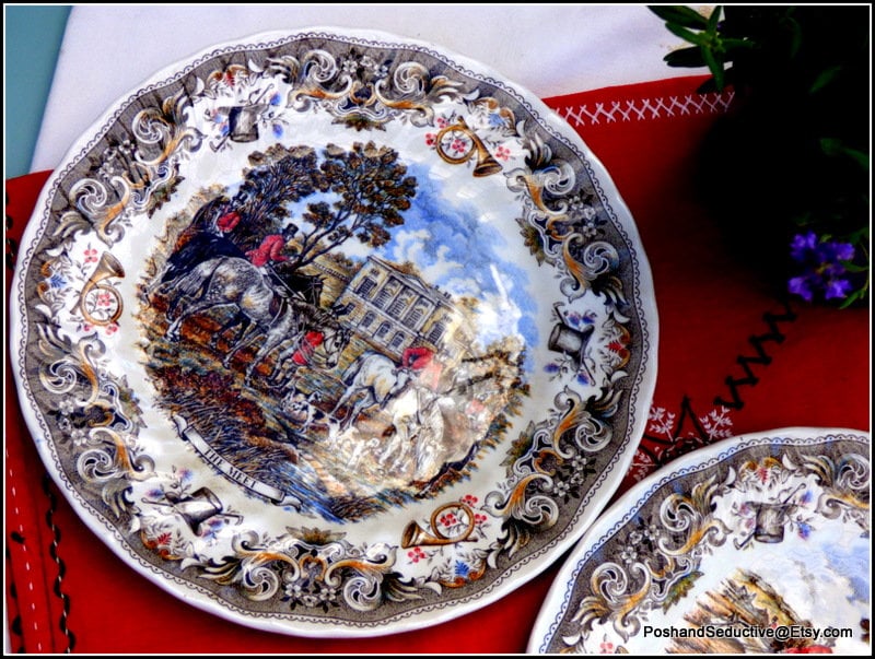 Fox Hunting China Dinner Plates Pair, Countryside English Scenes