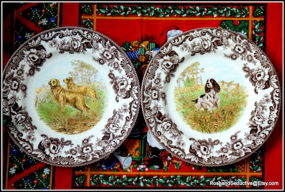 Spode Woodland Series Dinner Plates Pair HUNTING DOGS Brown