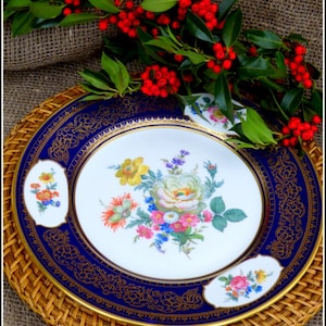 Display cabinet cobalt dinner plate by Caverswall fine English china hand painted floral large 11&quot; blue dish, heavily 24 ct gold decorated