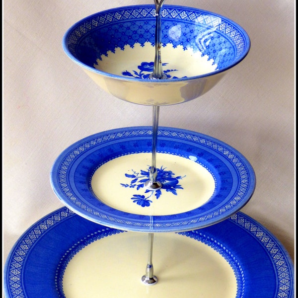 Churchill's "Out of the Blue" handmade three tier cake stand using finest example of English china inspired by Mary Gilliatt  floral pattern