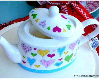 Valentines HEARTS large two pint teapot, English white bone china stunning tea party piece, collectible vintage themed teapot, couple gift