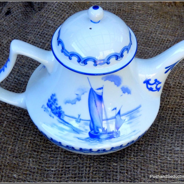 Dutch Windmill scenery blue white teapot replica vintage collectible well sought after rare "The First Teapot" series by Compton & Woodhouse