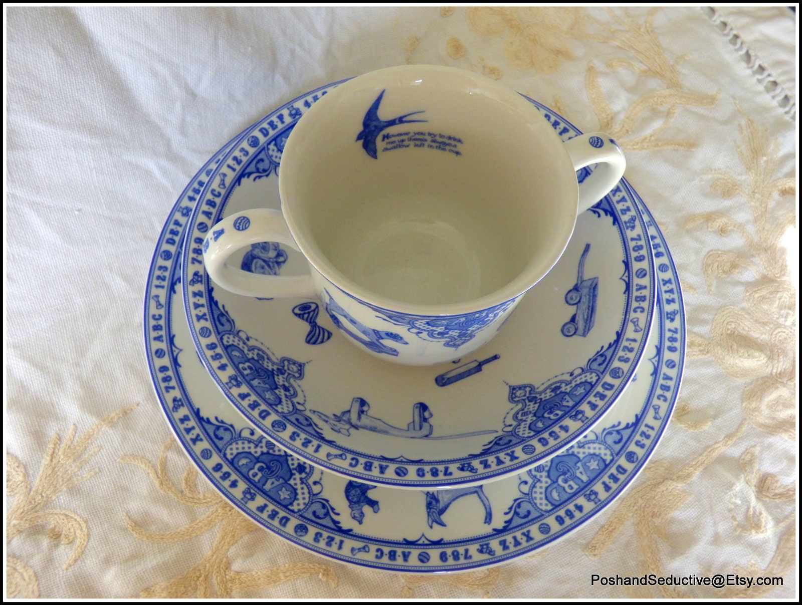Spode Edwardian Kids Breakfast Set Blue and White Cup Bowl Plate