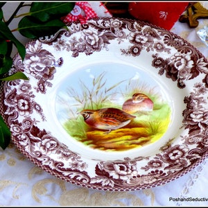 May include: A decorative plate with a white and brown floral pattern around the rim. The centre features a painting of two birds in a field. A vintage design, suitable for display or dining.