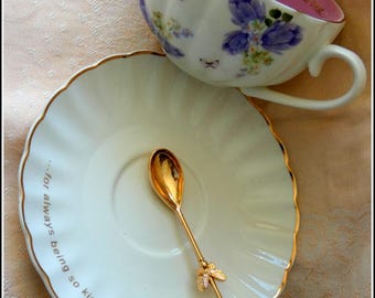 Tea cup saucer spoon fine English bone china lilac warm kindness message exquisite stylish design afternoon tea whimsical charming gift set