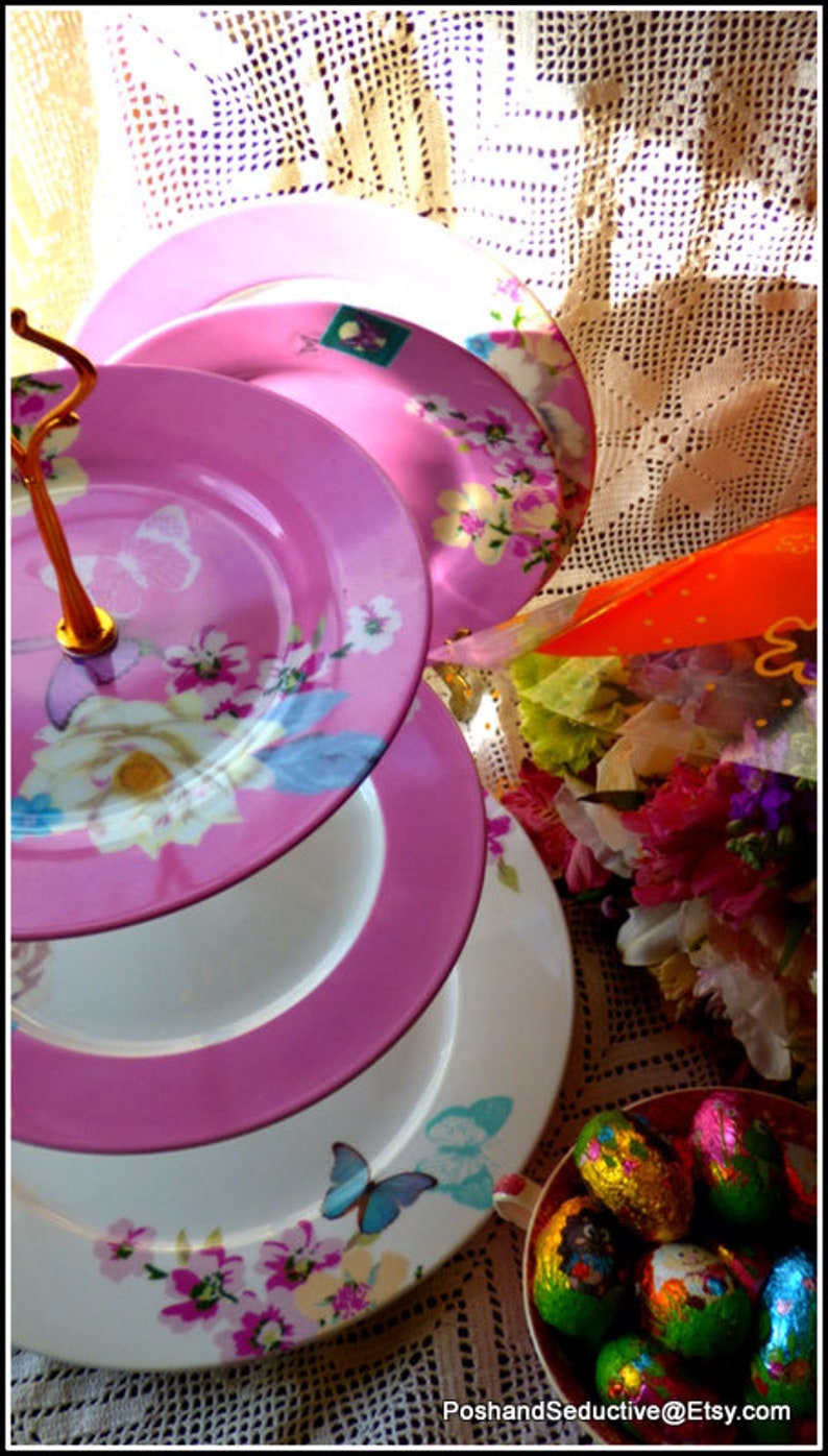 apple blossom chic glorious pink with rich floral pattern of exotic white lotus Three tier handmade Easter Egg display cake stand peony