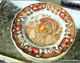 His Majesty Johnson Brothers Thanksgiving vintage transferware salad 8" plate, festive dining, Christmas turkey iconic English china pattern