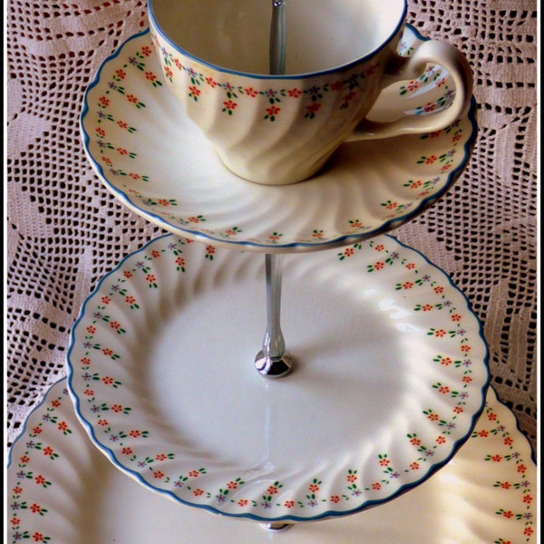 Three tier cake stand, handmade using vintage Johnson Brothers "Dreamland" pattern set of plates, "Alice in Wonderland" style tea party chic