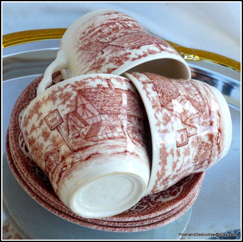 Cups and Saucers Set of Three English Ironstone Tableware Cups and Saucers Set of Three English Ironstone Tableware