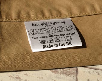 Custom clothing labels white silky satin fabric labels printed with your own logo text with care label symbols provided