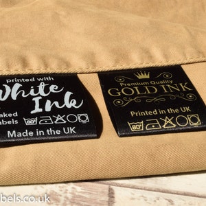 Custom clothing labels - Black Satin with GOLD or MILKY WHITE ink - custom fabric Labels, sew-in clothing labels, clothing tags