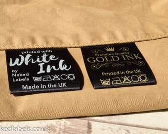 300 x Custom clothing labels - Black Satin with GOLD or MILKY WHITE ink - custom fabric Labels, sew-in clothing labels, clothing tags