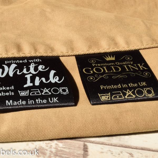 Custom Black Satin Clothing Labels: Logo, Text, Care Symbols - Gold or White Print - Sew-In Tags