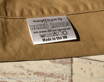 100 x Custom Clothing Labels: Logo, Text, Care Symbols - White Satin with Black Print - Sew-In Tags