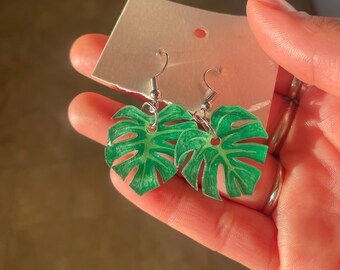 Handmade Monstera Dangle Earrings | Unique Gift | Novelty Fun Funky Cute Beautiful Earthy Boho Plant Leaf Nature Earrings