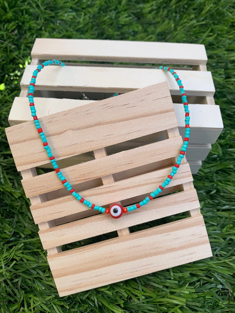 Evil Eye Choker Handmade Evil eye beaded necklace Handmade protective red evil eye beaded choker necklace