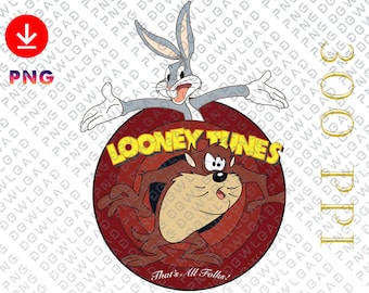 May include: A cartoon image of Bugs Bunny and Tasmanian Devil from Looney Tunes. Bugs Bunny is standing with his arms outstretched and a mischievous grin. Tasmanian Devil is running in a circle with his tongue sticking out. The image is set against a red and white background with the words "Looney Tunes" in a yellow circle.
