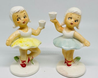 Set of 2 Vintage Empress Girl Porcelain Figurine Candleholder Ballerina Yellow blue Dresses