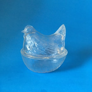 Clear Glass Hen on Nest Chicken Medium Size Vintage Box Candy Jar Basket weave bottom Imperial Glass