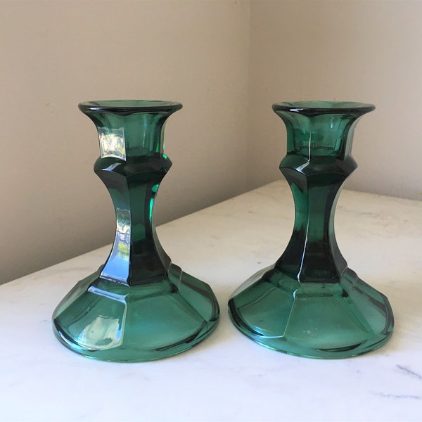 Pair of Vintage Teal Green / Blue Glass Candlesticks