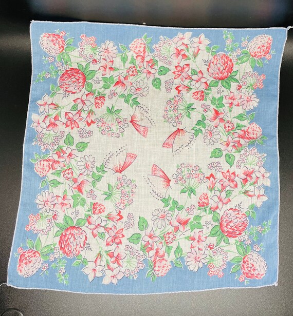 Vintage Pink Blue Butterflies Hanky Handkerchief … - image 1