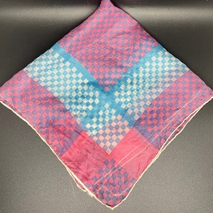 Japan Silk 17&quot; Handkerchief Checkerboard blue white pink purple vintage hanky scarf